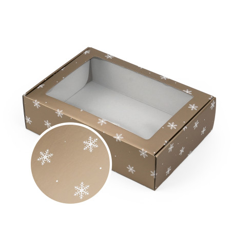 Goldene Geschenkbox mit Fenster und Schneeflocken | 305x215x85 mm