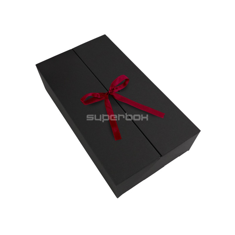 Schwarze Doppeltür-Box mit bordeauxrotem Band, 340x190x85 mm