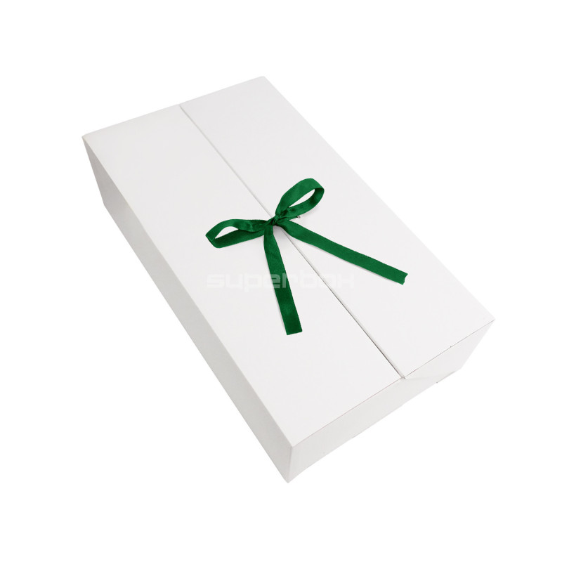 Weiße Geschenkbox mit Doppeltür und integriertem Satinschleifenband, 340x190x85 mm