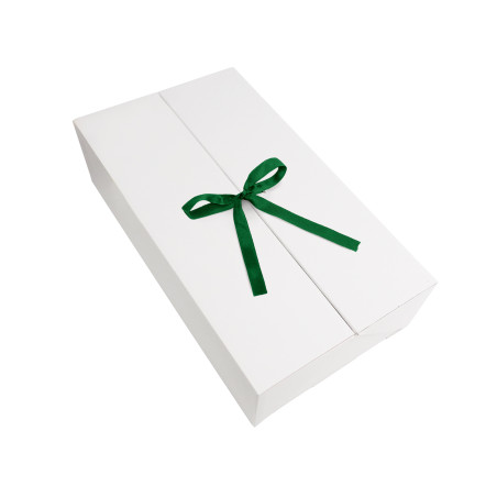 Weiße Geschenkbox mit Doppeltür und integriertem Satinschleifenband, 340x190x85 mm