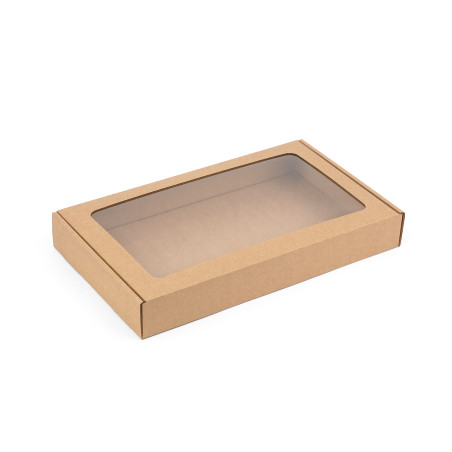 Geschenkbox braun mit Fenster, flach | 300x180x40 mm | Superbox