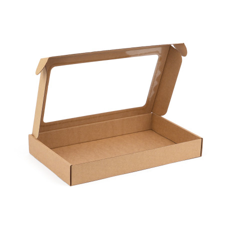 Braune Geschenkbox mit Fenster und geringer Höhe