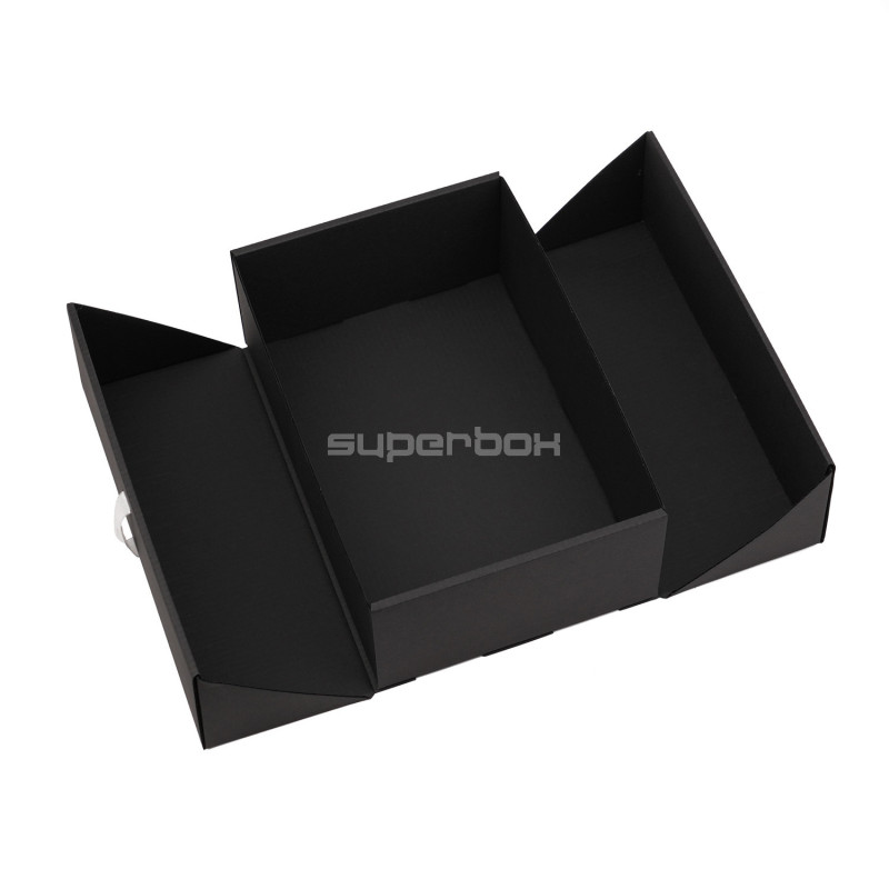 A5-Format Doppeltürige schwarze Geschenkbox mit integriertem goldenen Band