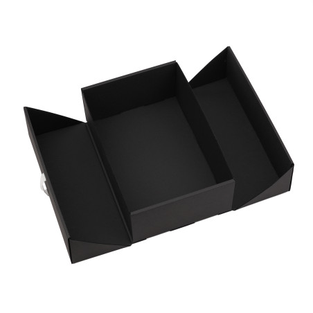 A5-Format Doppeltürige schwarze Geschenkbox mit integriertem goldenen Band