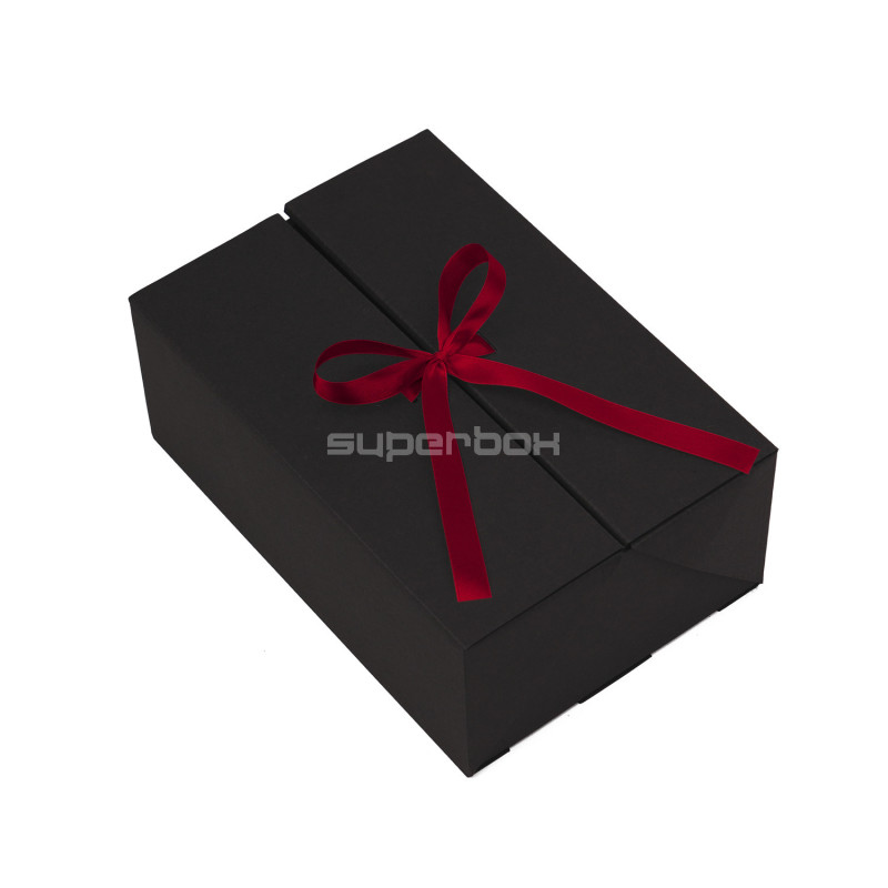 Schwarze Doppeltürbox im A5-Format mit burgunderrotem Band, 220x150x85 mm