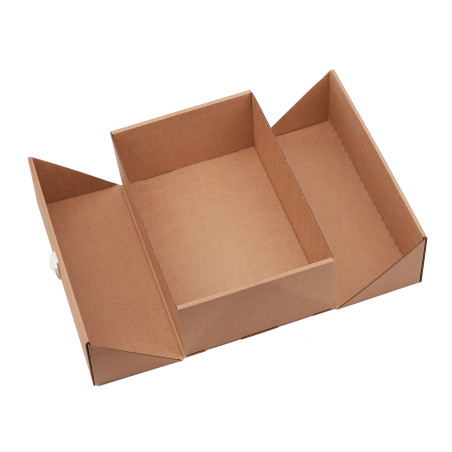 Braune Geschenkbox im A5-Format mit Doppeltür und integriertem Band