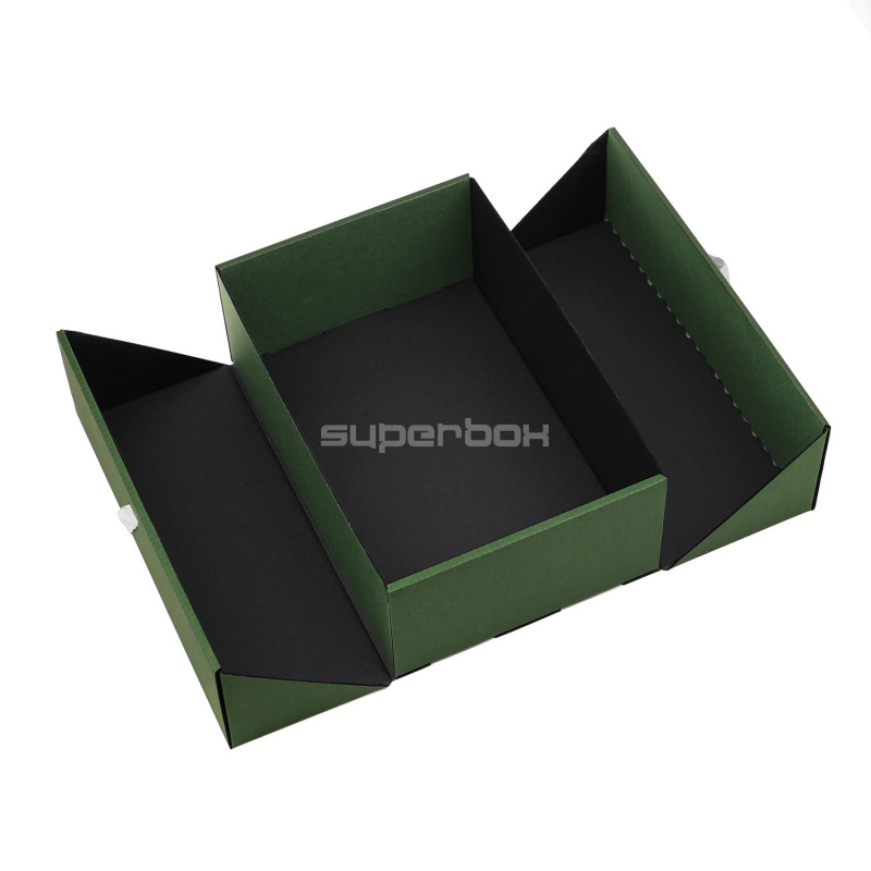 Geschenkbox im A5-Format, grün, mit Doppeltür und integriertem Satinband