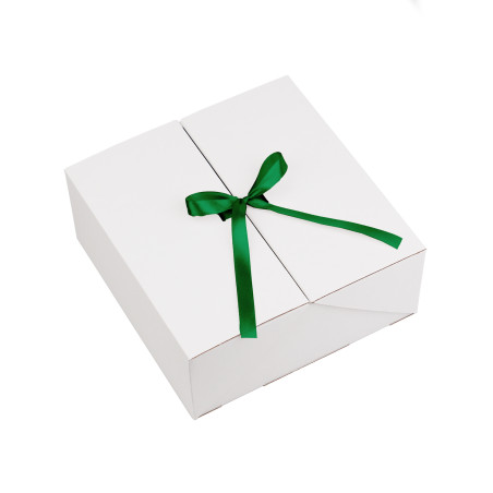 Quadratische weiße Doppeltür-Box mit dunkelgrünem Band, 220x220x90 mm