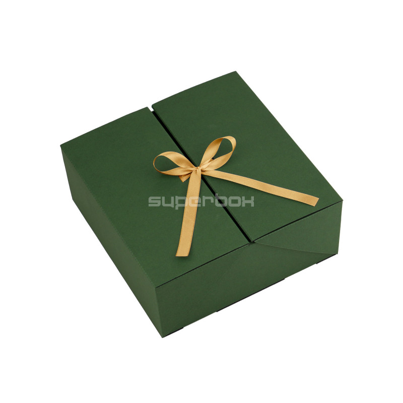 Quadratische grüne Doppeltür-Box mit goldenem Band, 220x220x90 mm