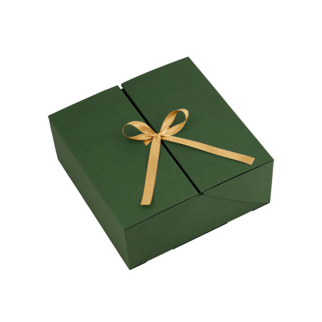 Quadratische grüne Doppeltür-Box mit goldenem Band, 220x220x90 mm