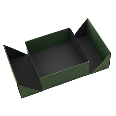 Quadratische grüne Geschenkschachtel mit Doppeltüren und integriertem Satinband