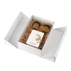 Geschenkbox im A5-Format mit Doppeltür und integriertem Satinband  – Verpackungsbeispiel, 220x150x85 mm