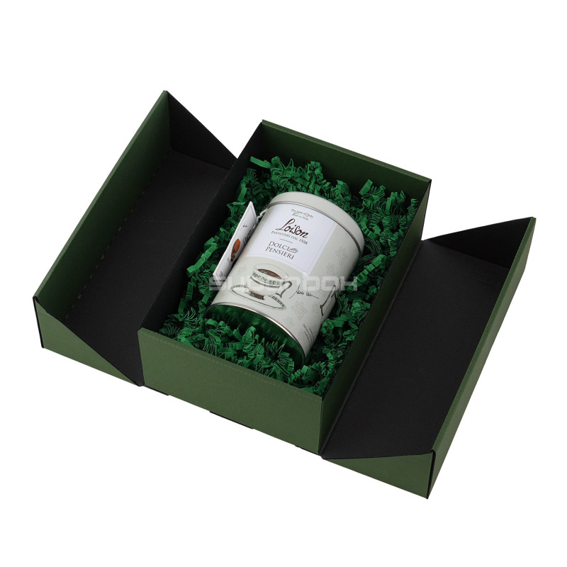 A5 Format Double Door Green Gift Box with Integrated Satin Ribbon