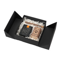 Quadratische schwarze Geschenkschachtel mit Doppeltür und integrierten Satinschleifen – Verpackungsbeispiel, 220x220x90 mm