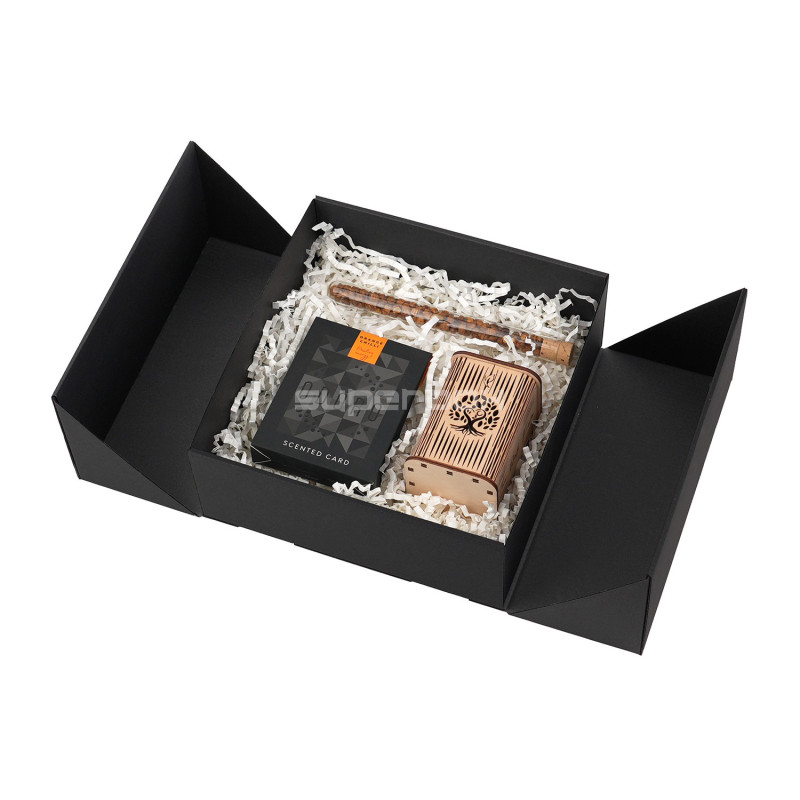 Quadratische schwarze Geschenkbox mit Doppeltüren und integriertem Satinband