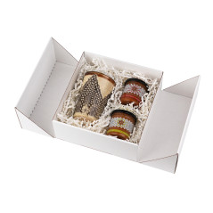 Square double door white gift box with integrated satin ribbon - packaging example, 220x220x90 mm