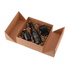 Square double door brown gift box with integrated satin ribbon - packaging example, 220x220x90 mm