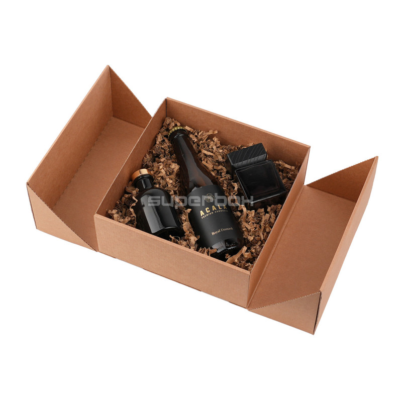 Square Brown Double Door Gift Box with Integrated Ribbon