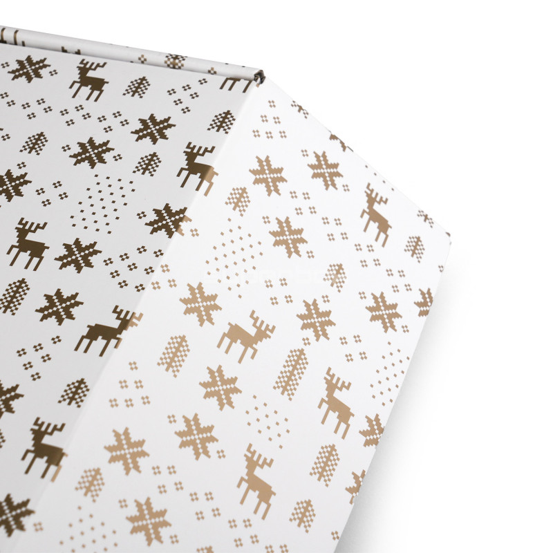 Weiße Geschenkbox für Flaschen mit goldenem Wintermuster