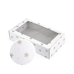 Weiße Geschenkbox mit goldenen Schneeflocken und Fenster, 340x195x85 mm