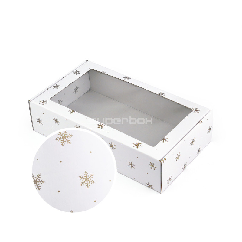 Weiße Geschenkbox mit goldenen Schneeflocken und Fenster, 340x195x85 mm