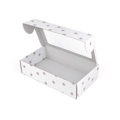 White gift box with gold snowflakes and window, 340x195x85 mm