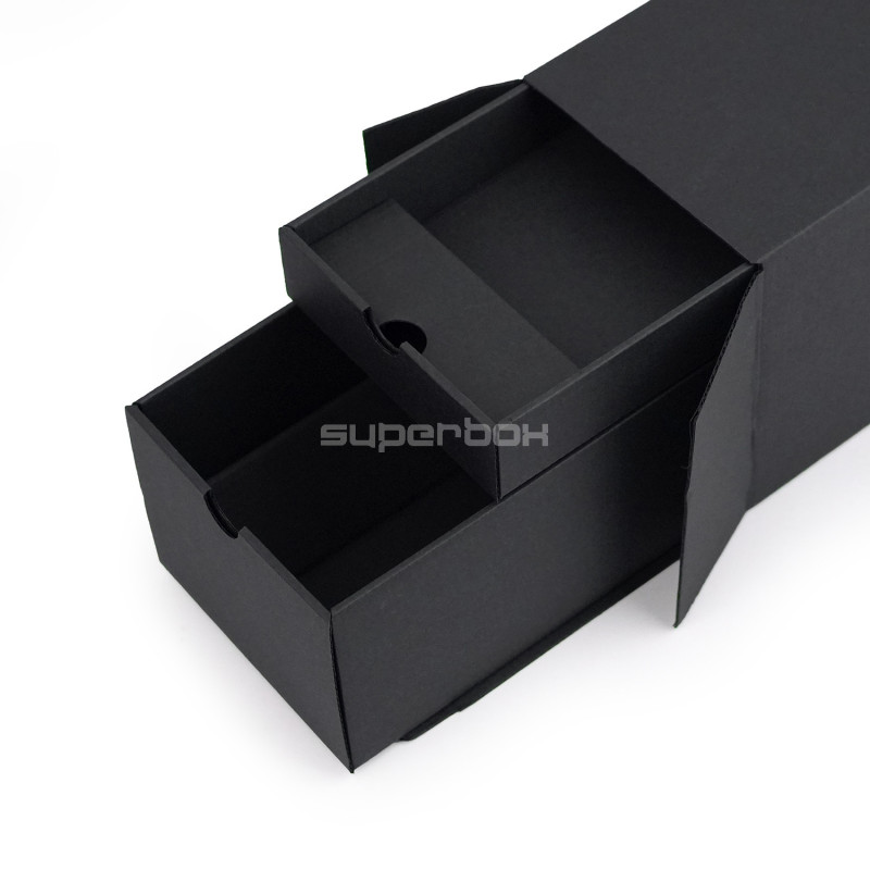 Closed Oblong Black Gift Box for Bottle with Two Drawers