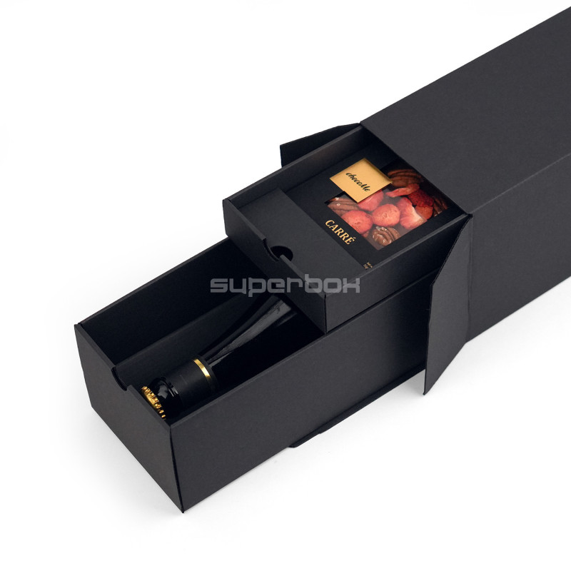 Closed Oblong Black Gift Box for Bottle with Two Drawers