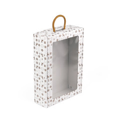 Weiße Geschenkbox im Kofferformat mit Wintermotiven und Fenster, 240x350x90 mm