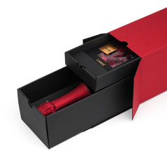 Geschlossene rote längliche Geschenkbox für Flasche mit zwei Schubladen, 320x108x90 mm