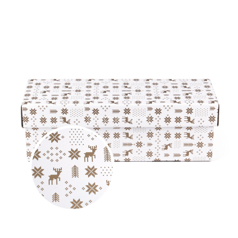 Weiße horizontale Geschenkbox mit Klappdeckel und Wintermustern, 335x115x115 mm