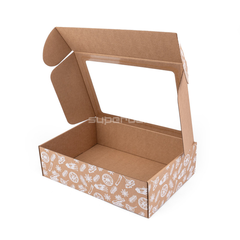 Braune A4-Schachtel mit Weihnachtsmotiven und Fenster Braune A4-Schachtel mit Weihnachtsmotiven und Fenster