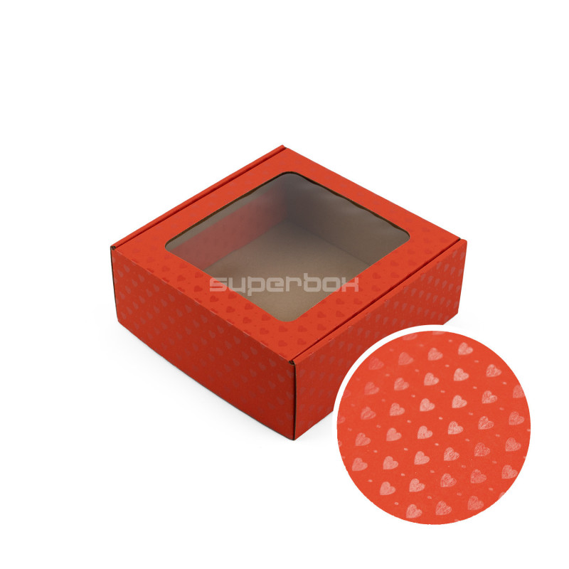 Red gift box with window and heart pattern, 185x195x75 mm