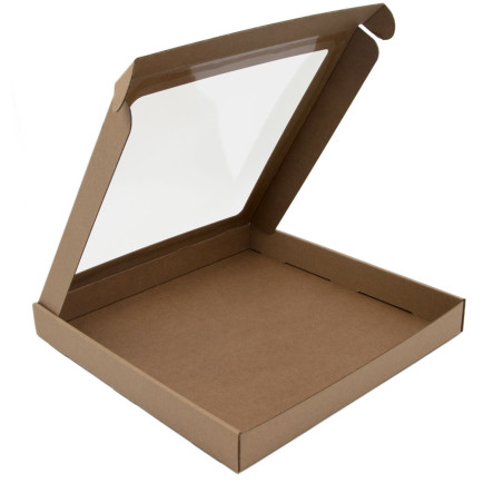 Braune quadratische Geschenkbox sehr geringer Höhe mit Fenster