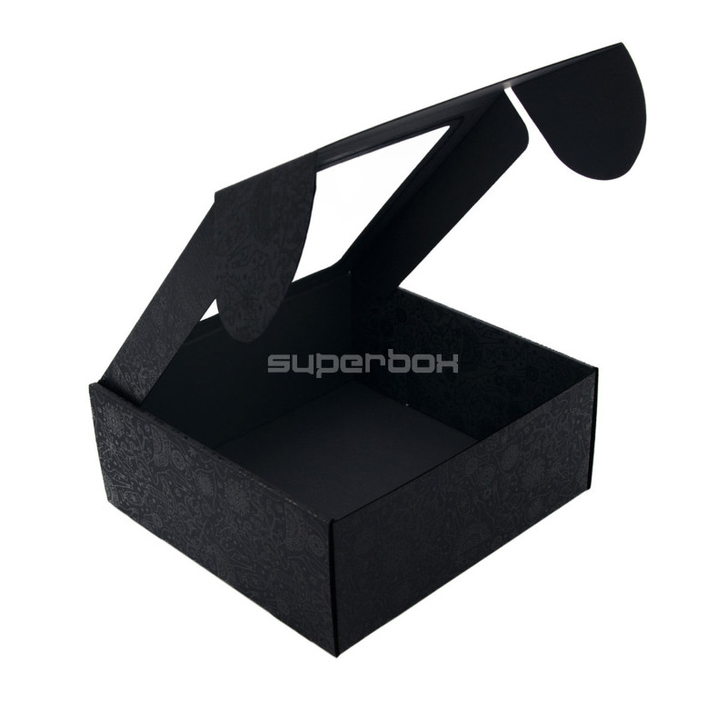 Schwarze große quadratische Geschenkbox mit klarem Fenster SCHWARZER HIRSCH