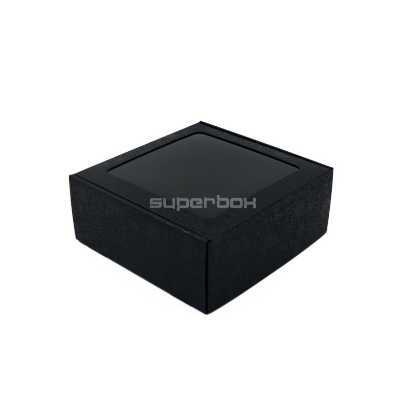 Schwarze große quadratische Geschenkbox mit klarem Fenster SCHWARZER HIRSCH