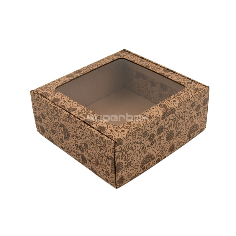 Braune große quadratische Geschenkbox mit klarem Fenster BRAUNER HIRSCH