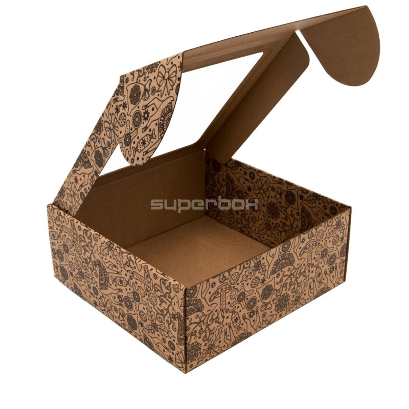 Braune große quadratische Geschenkbox mit klarem Fenster BRAUNER HIRSCH