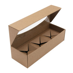 Braune längliche Geschenkbox mit ovalem Fenster für 3 Gläser