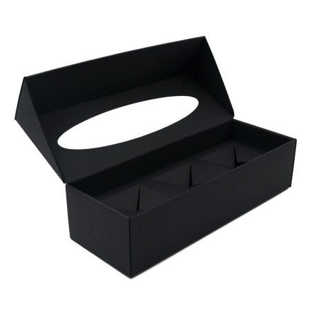 Schwarze längliche Geschenkbox mit ovalem Fenster für 3 Gläser