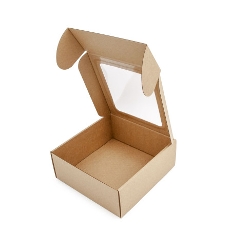 Braune Box mit PVC-Fenster zum Verpacken von Sauce-Gläsern
