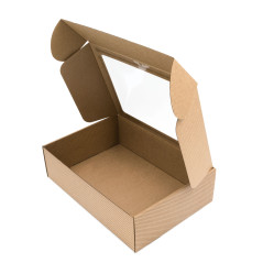 Braune A4-Geschenkbox mit Fenster und braunen Streifen