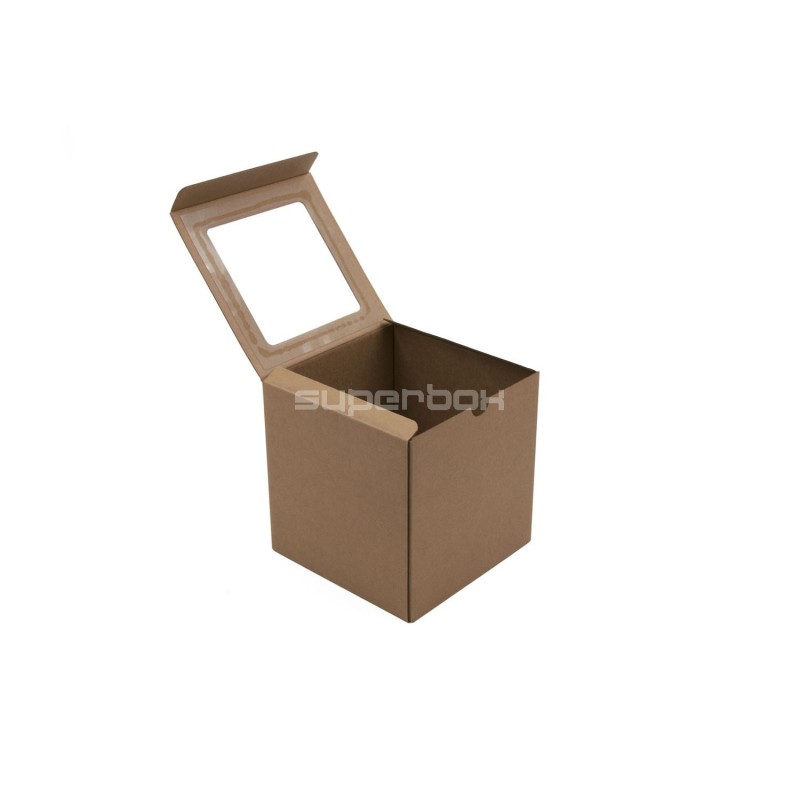 Braune Würfel-Geschenkbox mit Klarsichtfenster im Deckel