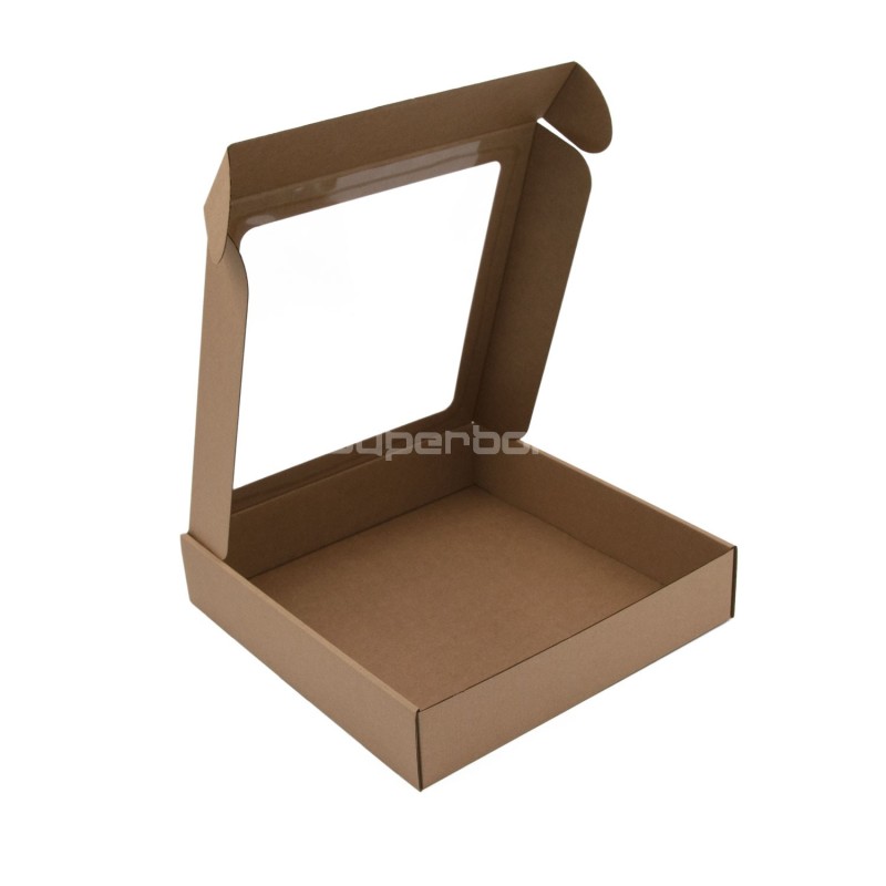 Braune quadratische Box, 5,5 cm tief, mit PVC-Fenster