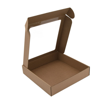 Braune quadratische Box, 5,5 cm tief, mit PVC-Fenster