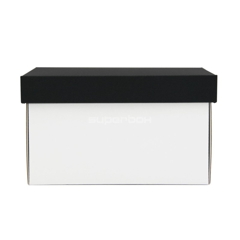 Weiße sehr tiefe Kartonbox mit schwarzem Deckel