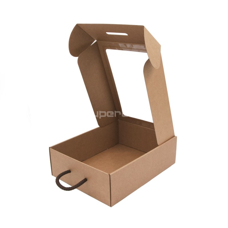 Braune Koffer-Geschenkbox mit Textilgriff und Fenster