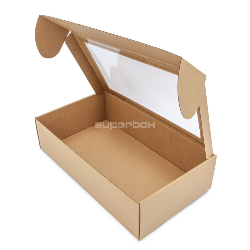 Verlängerte braune Geschenkbox mit Klarsichtfenster