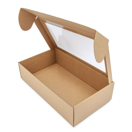 Verlängerte braune Geschenkbox mit Klarsichtfenster