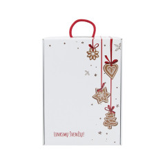 White suitcase-style Christmas gift box with red handle